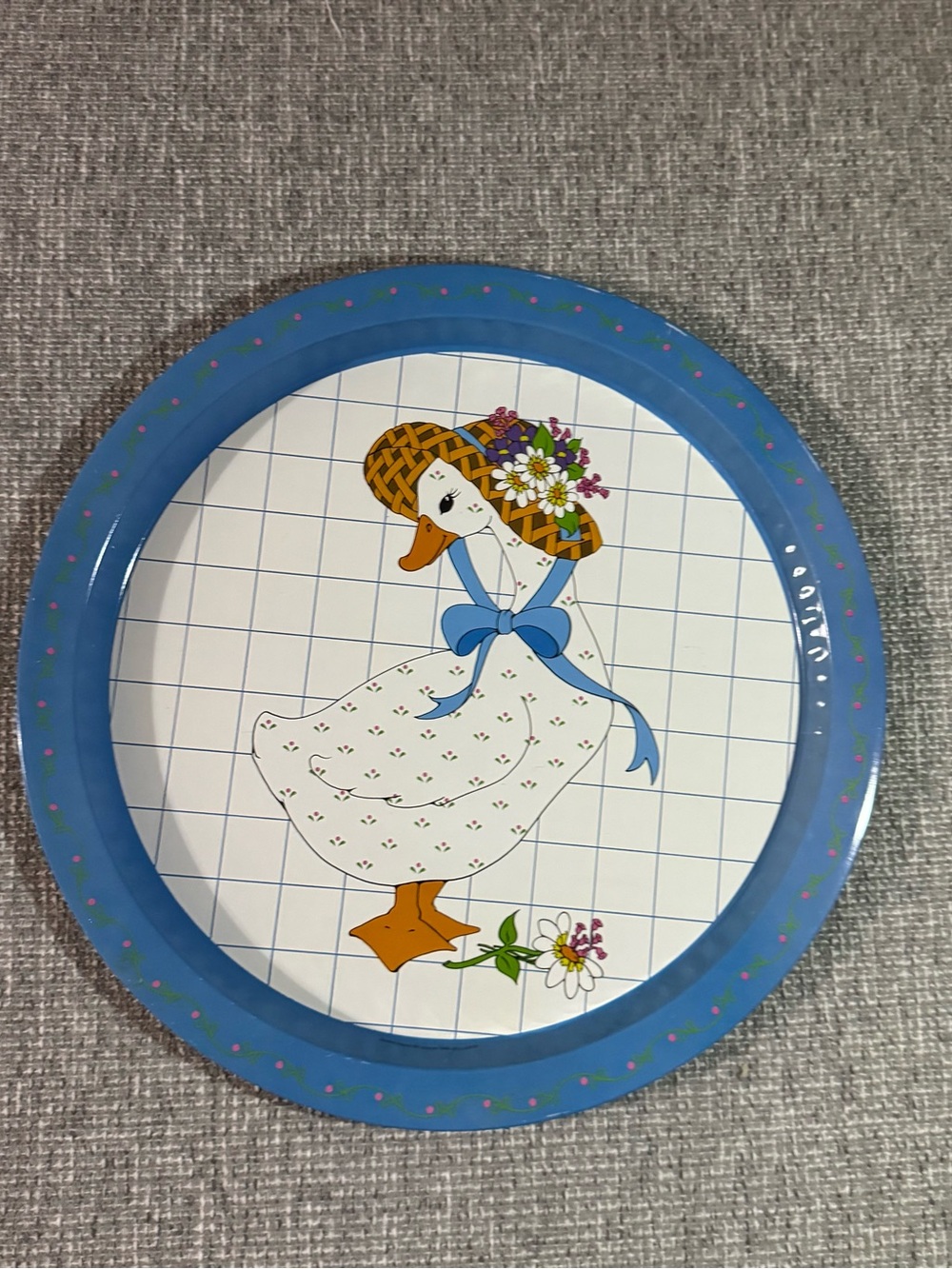 VTG Giftco Country Goose Blue Tin Tray Flowers Bonnet 13" Serving Tray